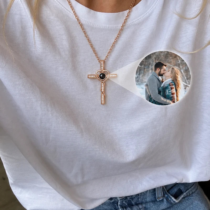 Collier Projection Photo Croix Or Rose Femme