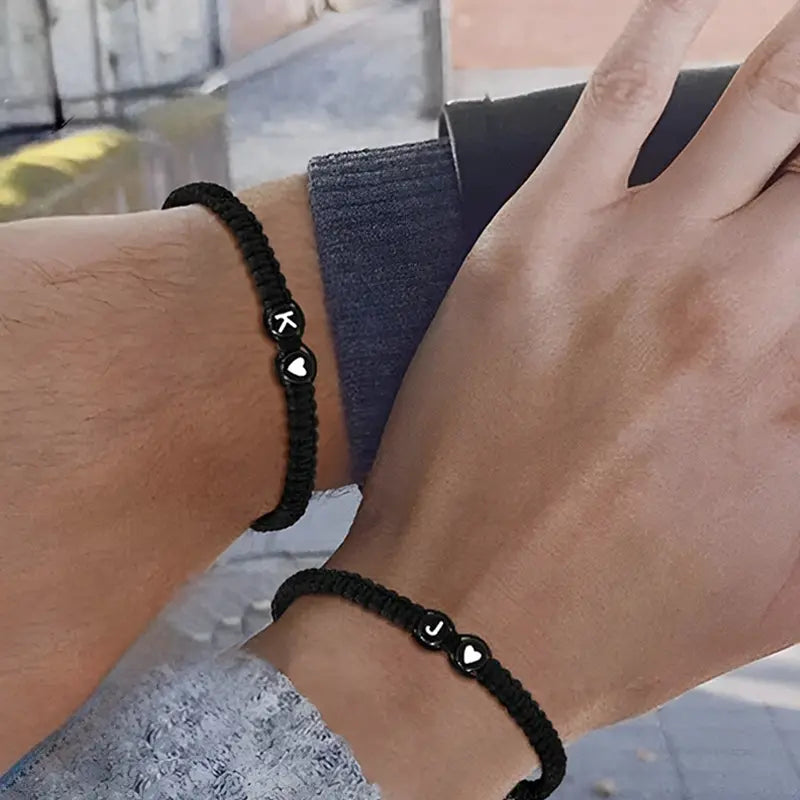 2 Bracelets Tressés Noirs pour Couple avec Initiales