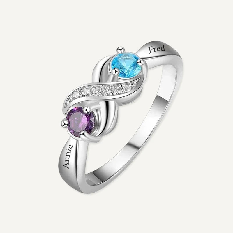 Bague Infini 2 Prénoms avec Pierres de Naissance Argent
