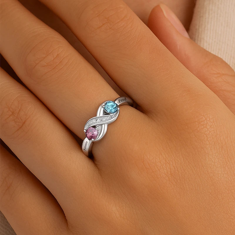 Bague Infini 2 Prénoms avec Pierres de Naissance Femme