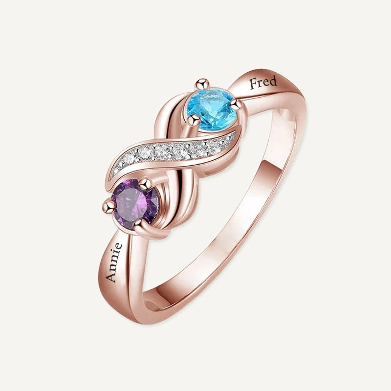 Bague Infini 2 Prénoms avec Pierres de Naissance Or Rose