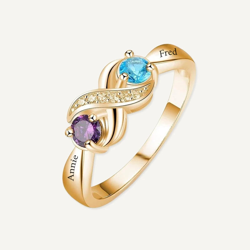Bague Infini 2 Prénoms avec Pierres de Naissance Or