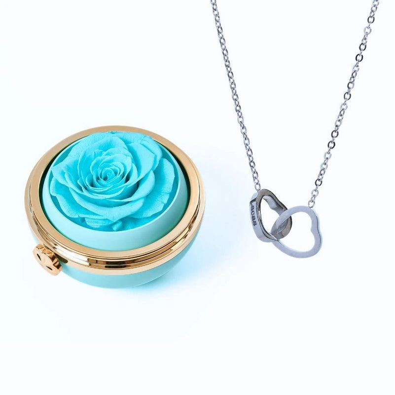 Boule Rose Éternelle et Collier Personnalisé Bleu Clair Argent