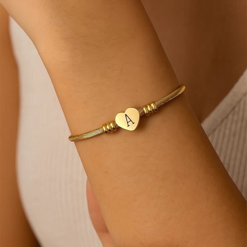 Bracelet Câble Cœur Initiale Gravée Femme