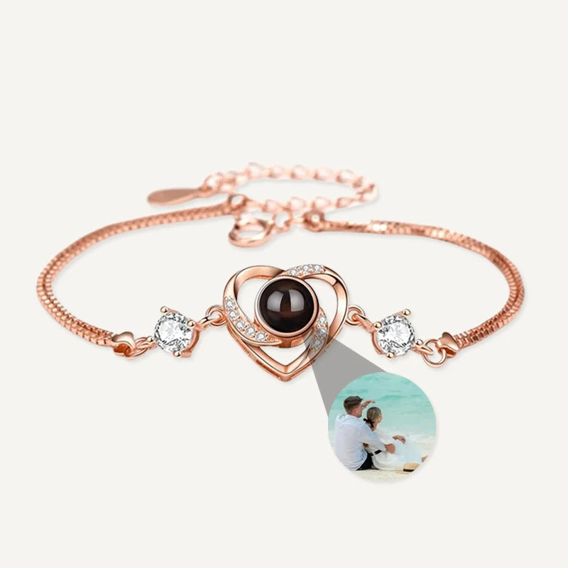 Bracelet Cœur Diamants avec Projection Photo Personnalisée Or Rose