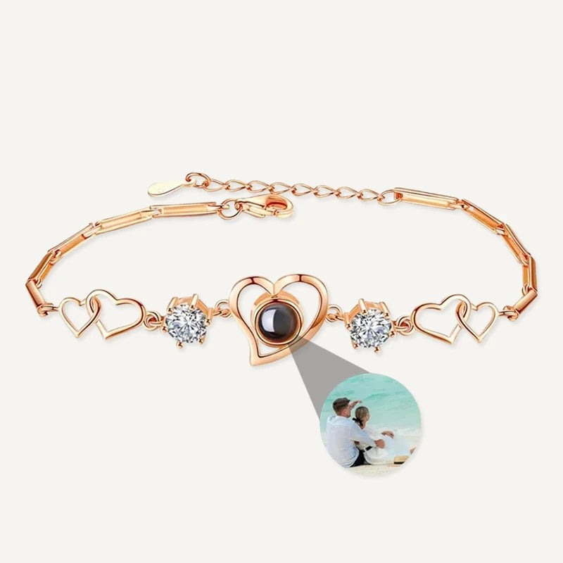 Bracelet Cœur Duo avec Projection Photo Personnalisée Or Rose