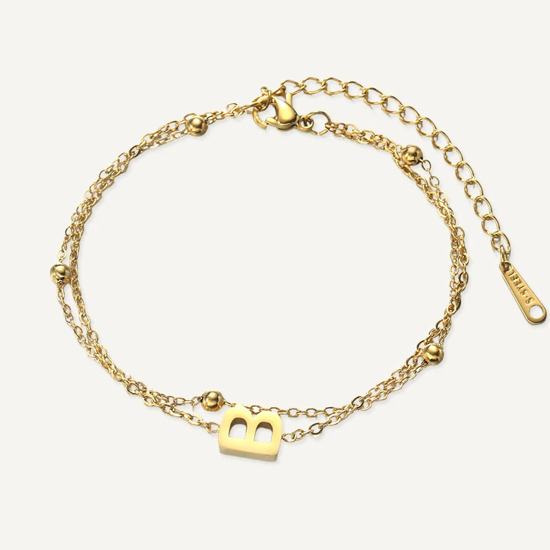 Bracelet Double Chaîne Initiale Or Lettre B