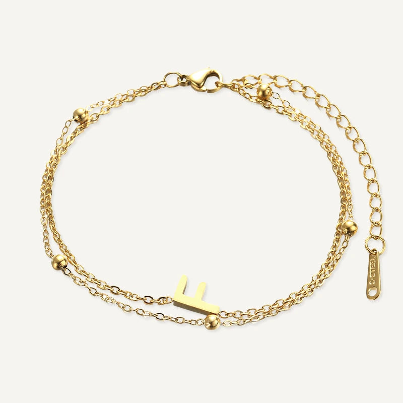 Bracelet Double Chaîne Initiale Or Lettre F