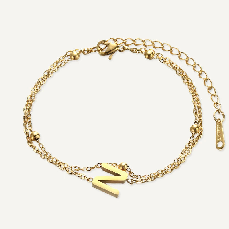 Bracelet Double Chaîne Initiale Or Lettre N