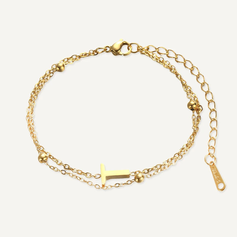 Bracelet Double Chaîne Initiale Or Lettre T