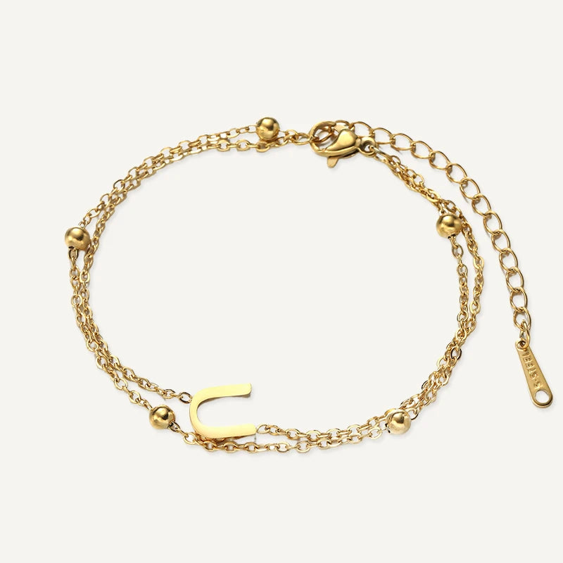 Bracelet Double Chaîne Initiale Or Lettre U