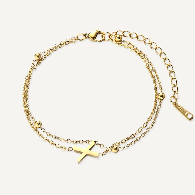 Bracelet Double Chaîne Initiale Or Lettre X