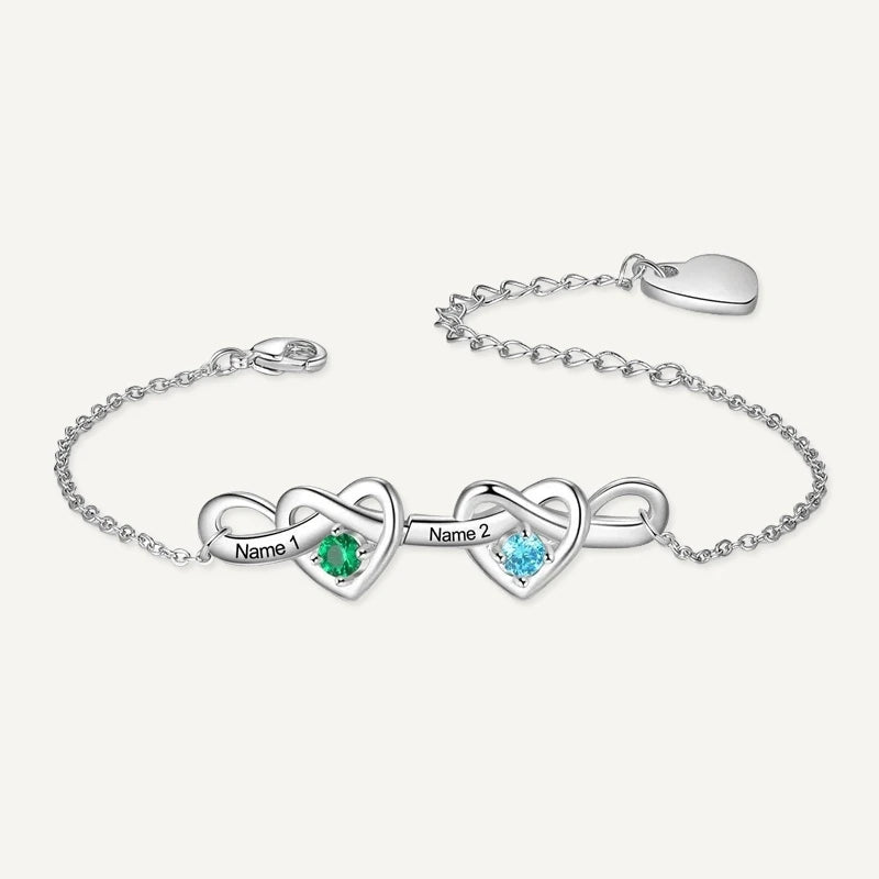 Bracelet Infini Cœurs 2 Prénoms avec Pierres de Naissance