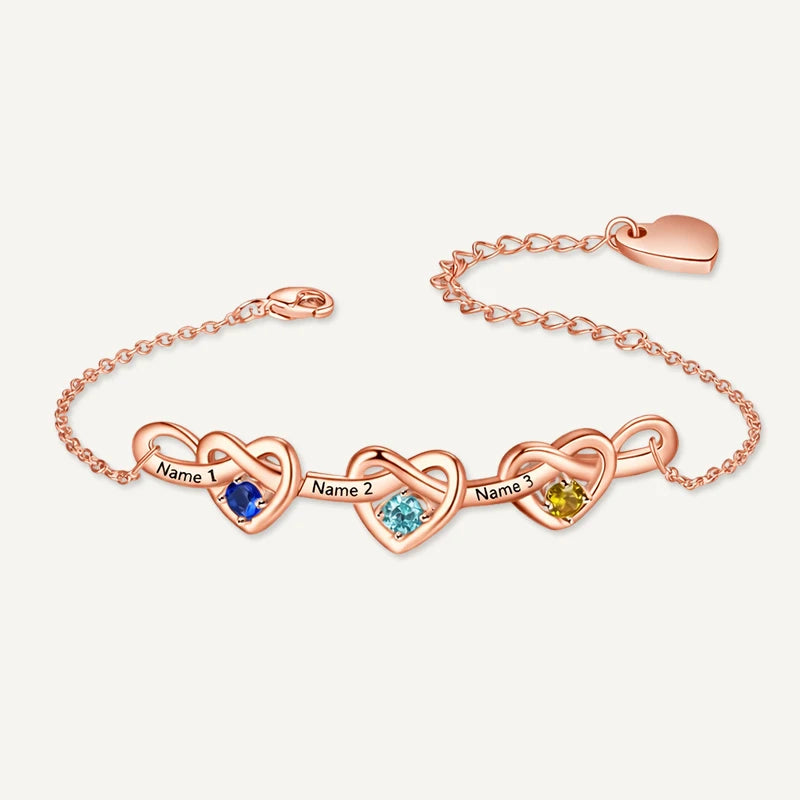 Bracelet Infini Cœurs Prénoms avec Pierres de Naissance Or Rose