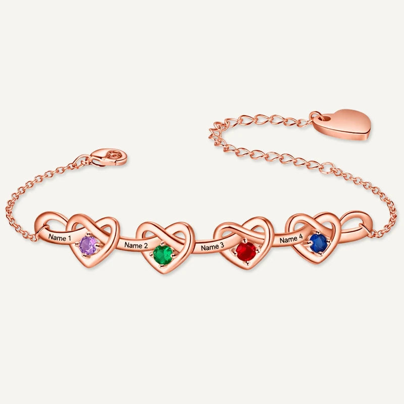 Bracelet Infini Cœurs 4 Prénoms avec Pierres de Naissance Or Rose