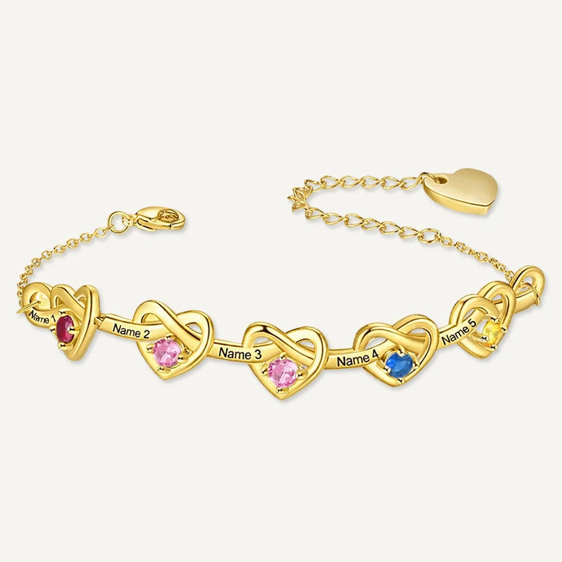 Bracelet Infini Cœurs 5 Prénoms avec Pierres de Naissance Or