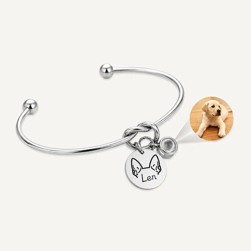 Bracelet Personnalisé Oreilles de Chiens, Prénom et Projection Photo Argent