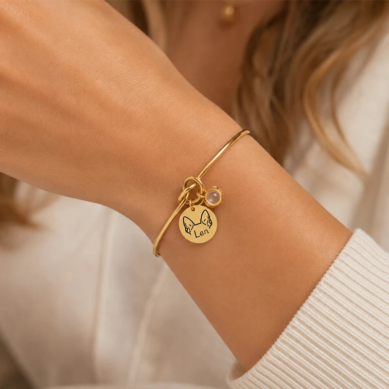 Bracelet Personnalisé Oreilles de Chiens, Prénom et Projection Photo Femme