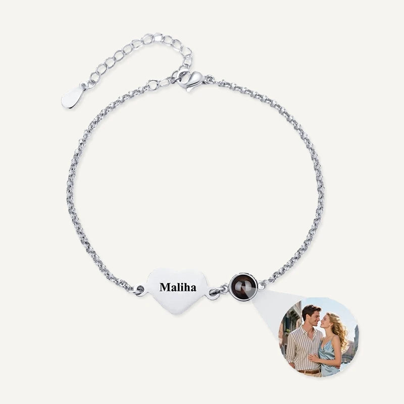 Bracelet Photo Projection et Cœur Prénom Argent