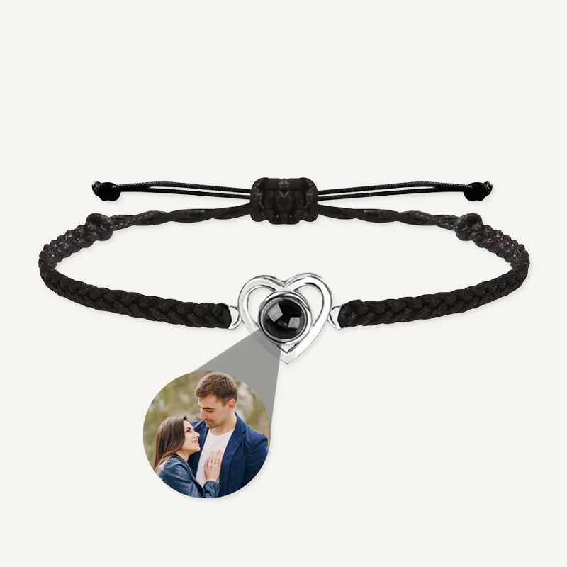 Bracelet Tressé Cœur avec Projection Photo Personnalisée Noir