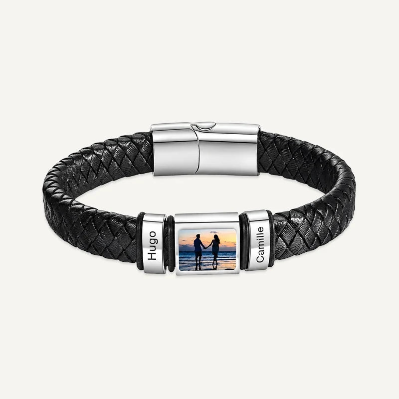 Bracelet Homme Photo avec Prénoms Gravés Argent 2 Prénoms