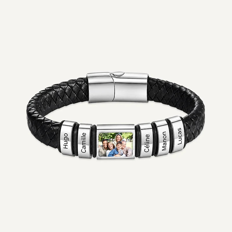 Bracelet Homme Photo avec Prénoms Gravés Argent 5 Prénoms