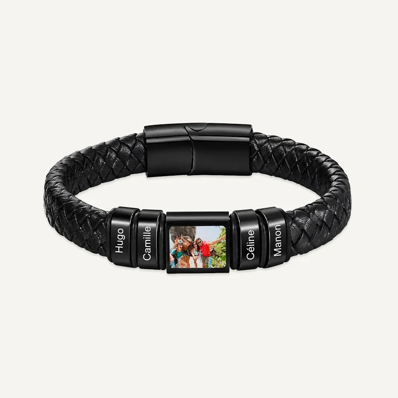 Bracelet Homme Photo avec Prénoms Gravés Noir 4 Prénoms