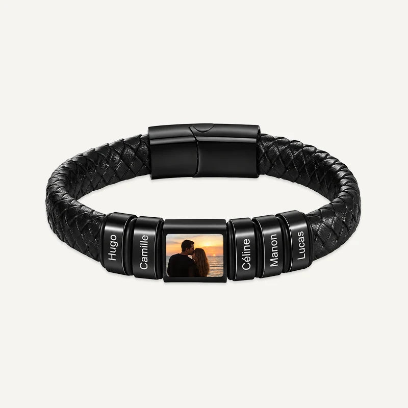 Bracelet Homme Photo avec Prénoms Gravés Noir 5 Prénoms