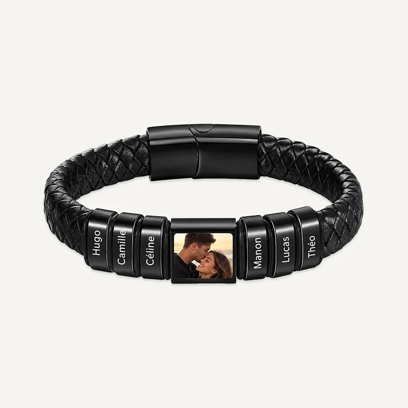 Bracelet Homme Photo avec Prénoms Gravés Noir 6 Prénoms