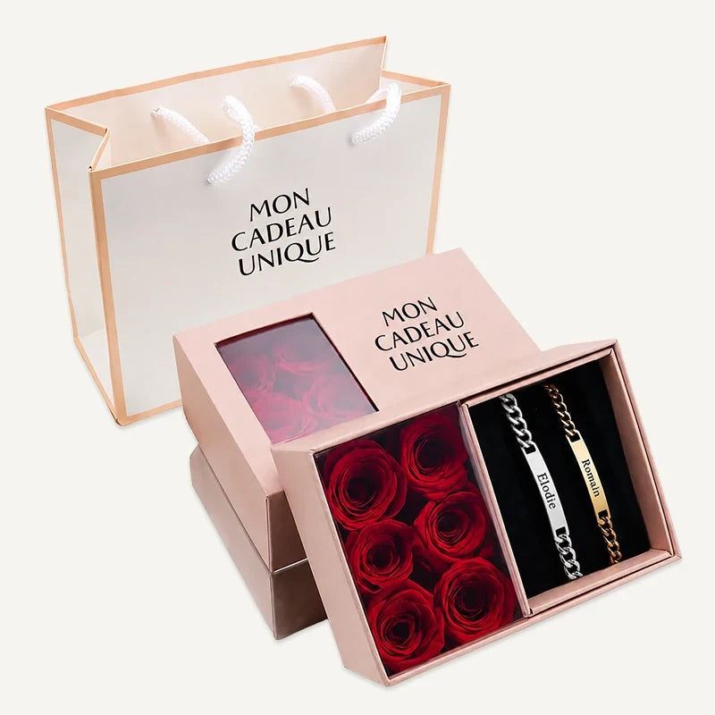 Bracelets Personnalisés pour Couple avec Coffret Rose Éternelle Or et Argent