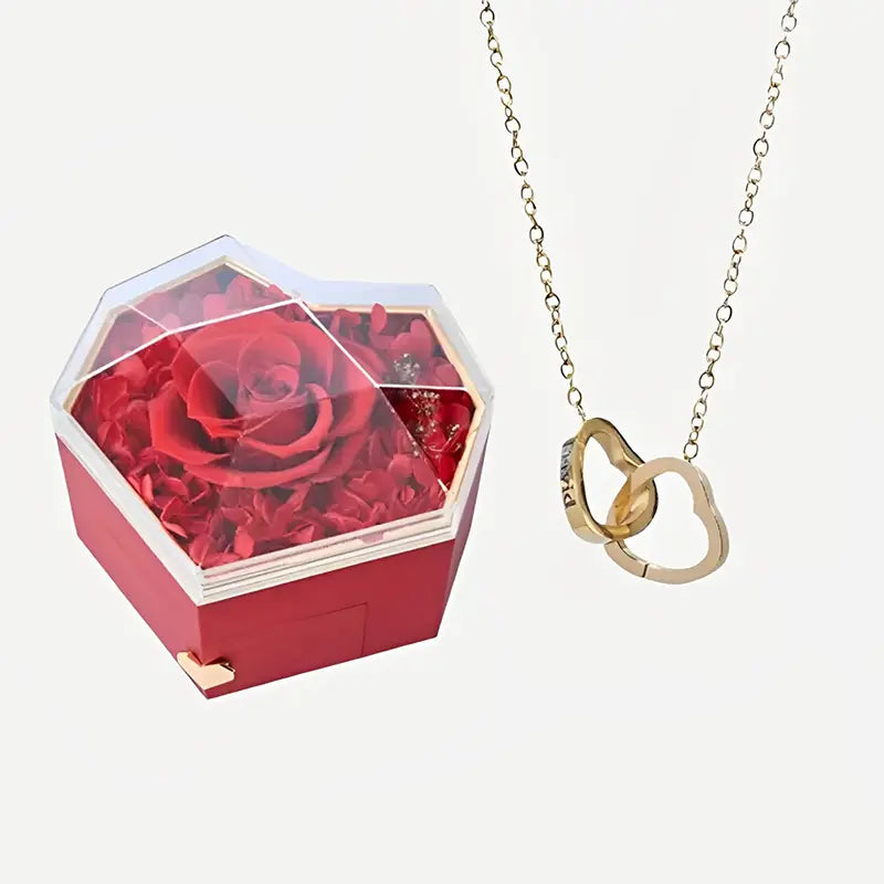 Coffret Cœur Rose Éternelle et Collier Personnalisé Rouge Or