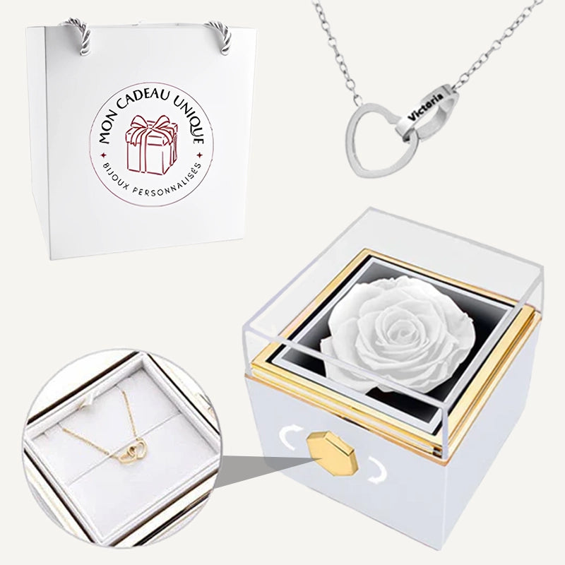 Coffret Rose Éternelle et Collier Personnalisé Blanc Argent