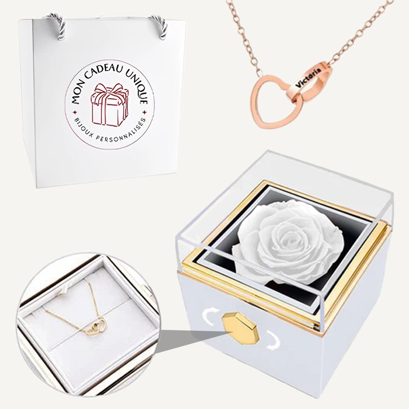 Coffret Rose Éternelle et Collier Personnalisé Blanc Or Rose