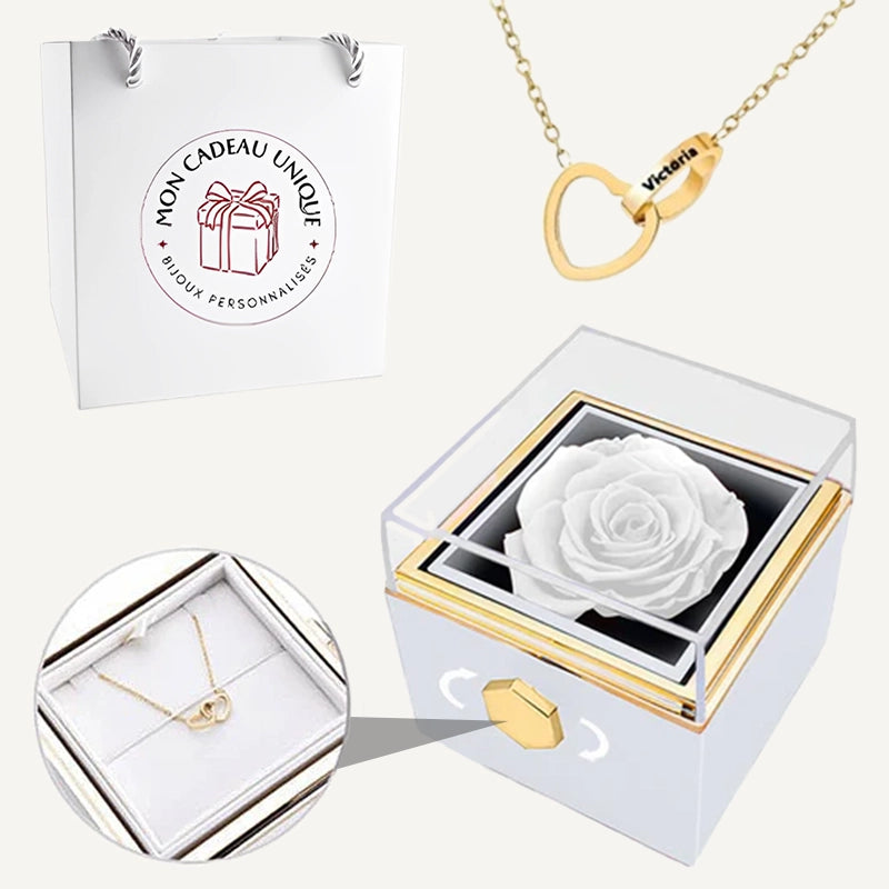 Coffret Rose Éternelle et Collier Personnalisé Blanc Or