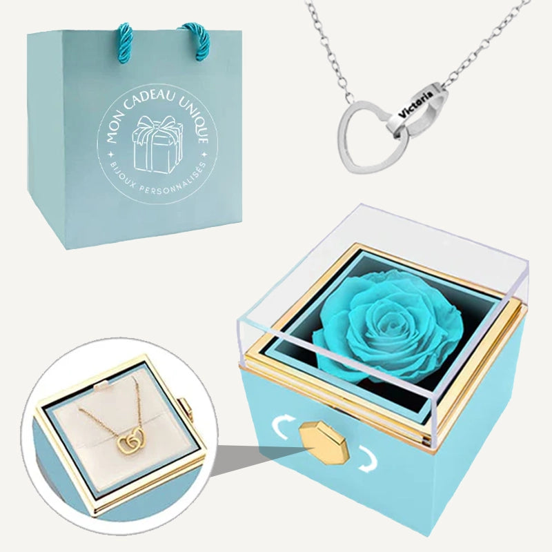 Coffret Rose Éternelle et Collier Personnalisé Bleu Clair Argent