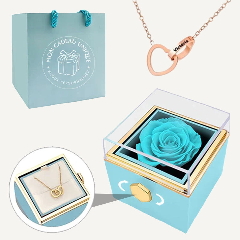 Coffret Rose Éternelle et Collier Personnalisé Bleu Clair Or Rose