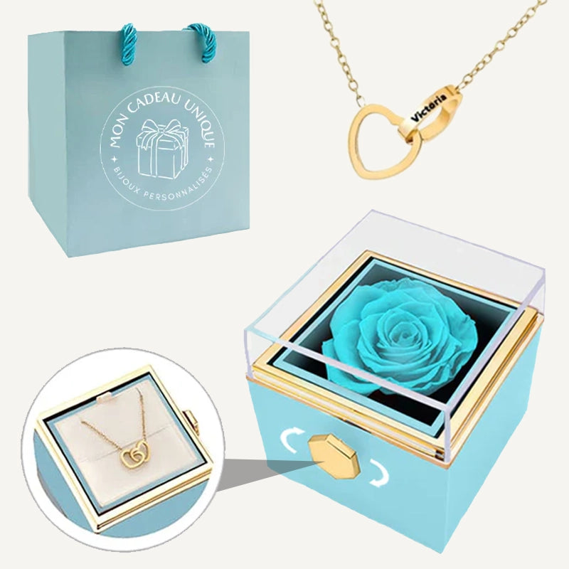 Coffret Rose Éternelle et Collier Personnalisé Bleu Clair Or