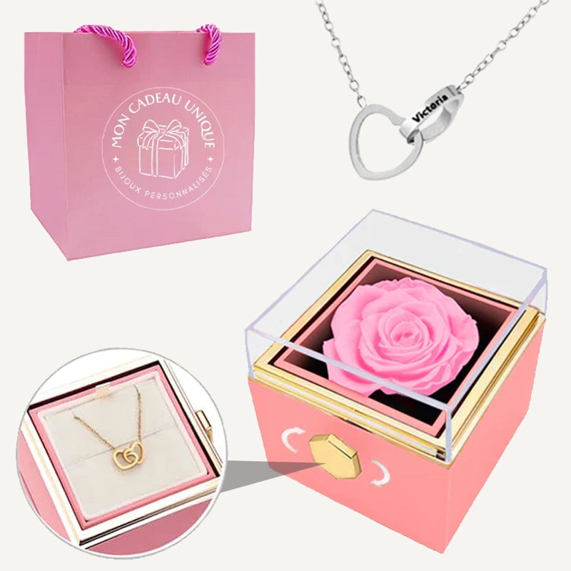 Coffret Rose Éternelle et Collier Personnalisé Rose Argent