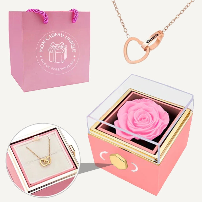 Coffret Rose Éternelle et Collier Personnalisé Rose Or Rose