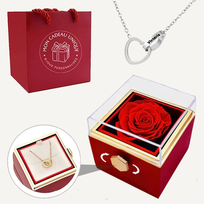 Coffret Rose Éternelle et Collier Personnalisé Rouge Argent