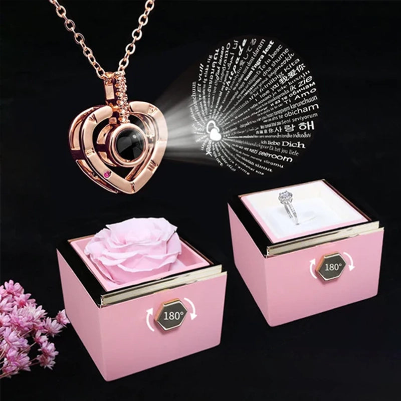 Coffret Rose Éternelle avec Collier Je t'Aime 100 Langues