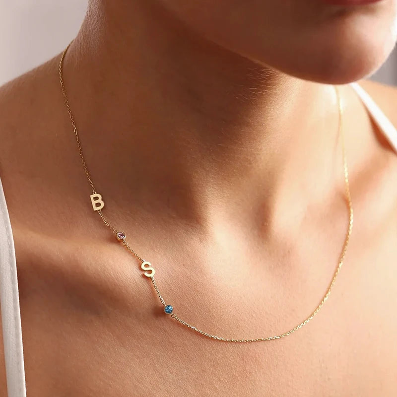 Collier 2 Initiales et Pierres de Naissances