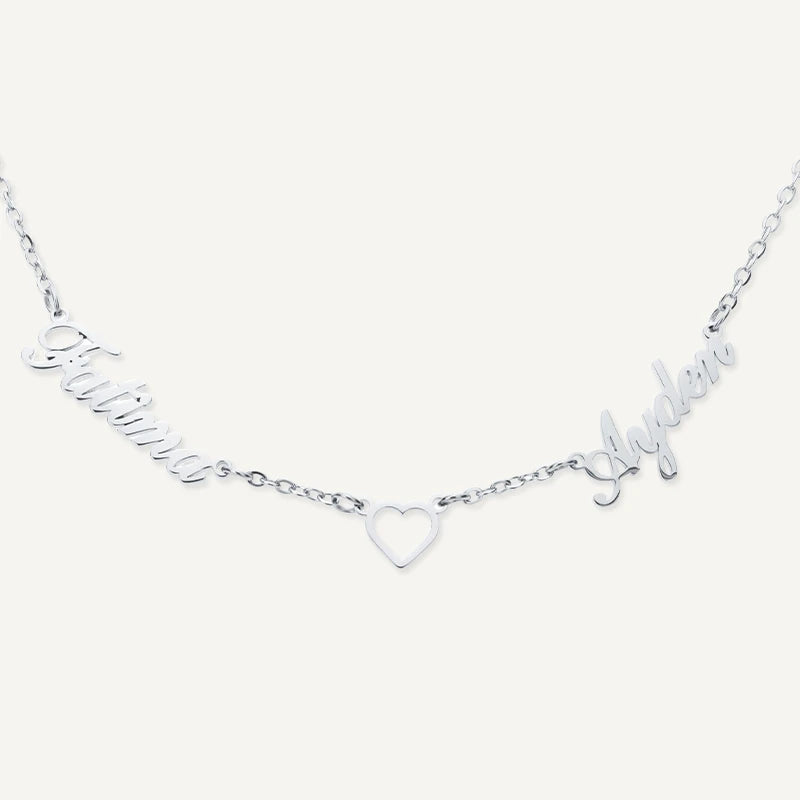 Collier 2 Prénoms Personnalisés avec Cœur Argent