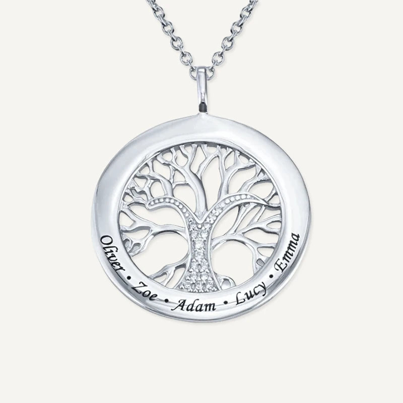 Collier Arbre de Vie Rond Personnalisé avec Prénoms Gravés Argent