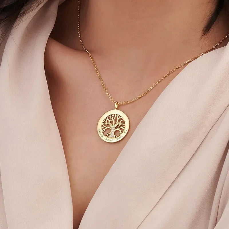 Collier Arbre de Vie Rond Personnalisé avec Prénoms Gravés Femme