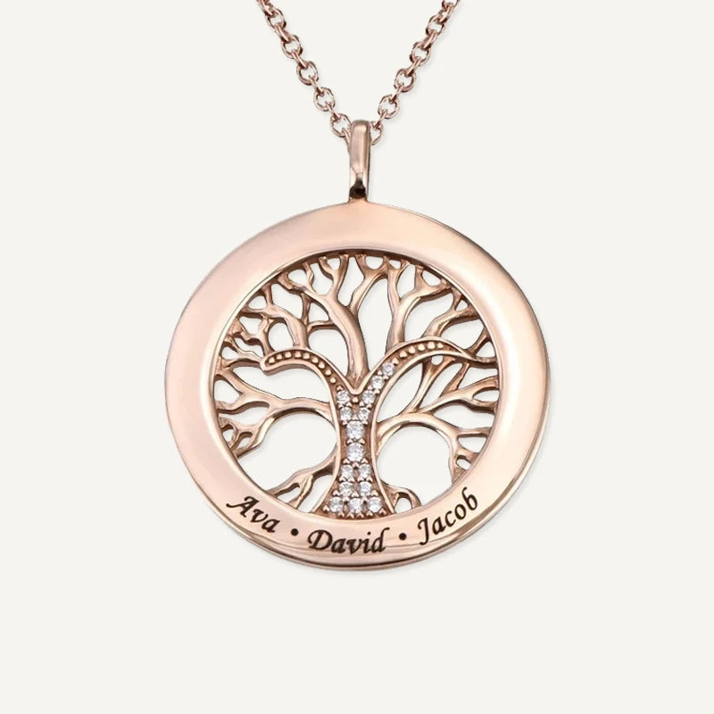 Collier Arbre de Vie Rond Personnalisé avec Prénoms Gravés Or Rose