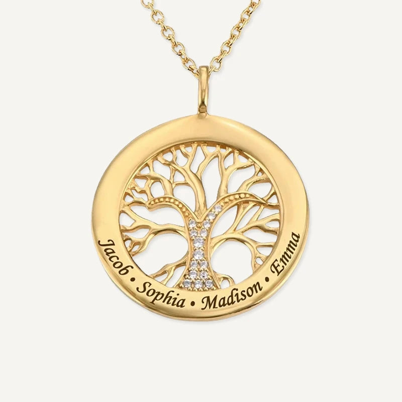 Collier Arbre de Vie Rond Personnalisé avec Prénoms Gravés Or