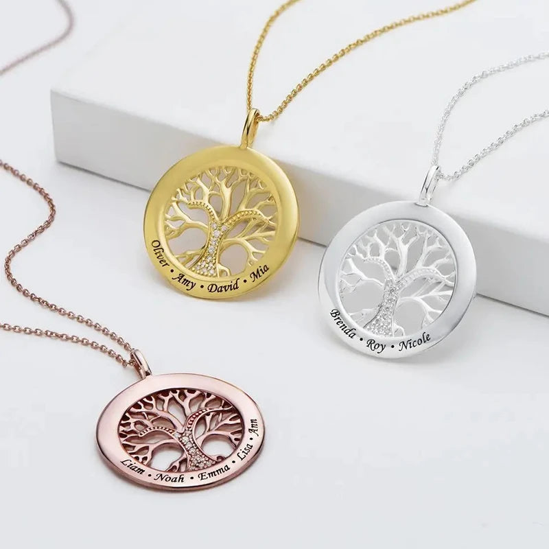Collier Arbre de Vie Rond Personnalisé avec Prénoms Gravés