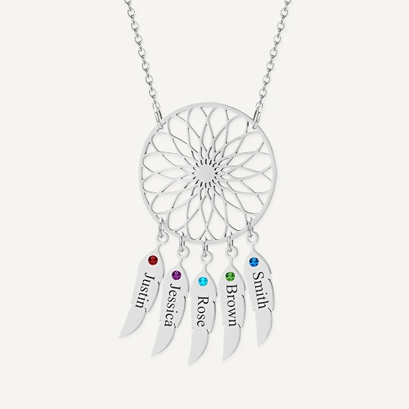 Collier Attrape-Rêves avec Prénoms et Pierres de Naissances Argent