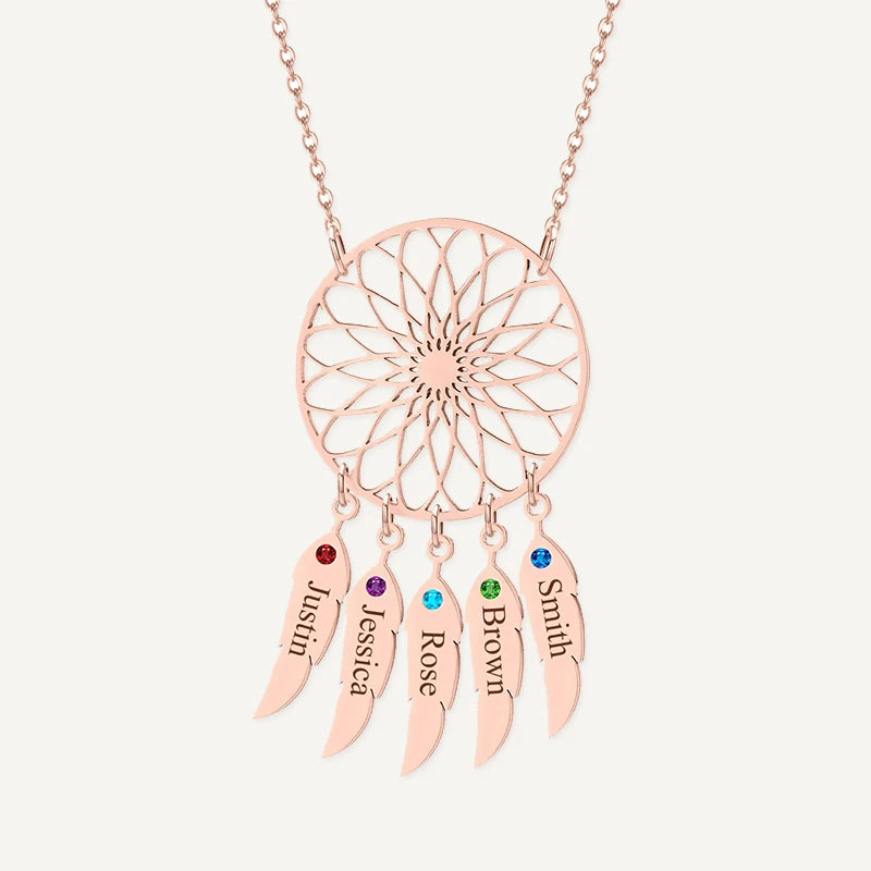 Collier Attrape-Rêves avec Prénoms et Pierres de Naissances Or Rose